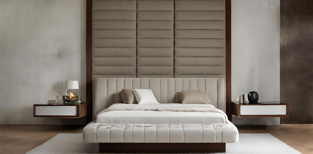 Brown upholstered bed back panel with beige headboard - Beautiful Homes