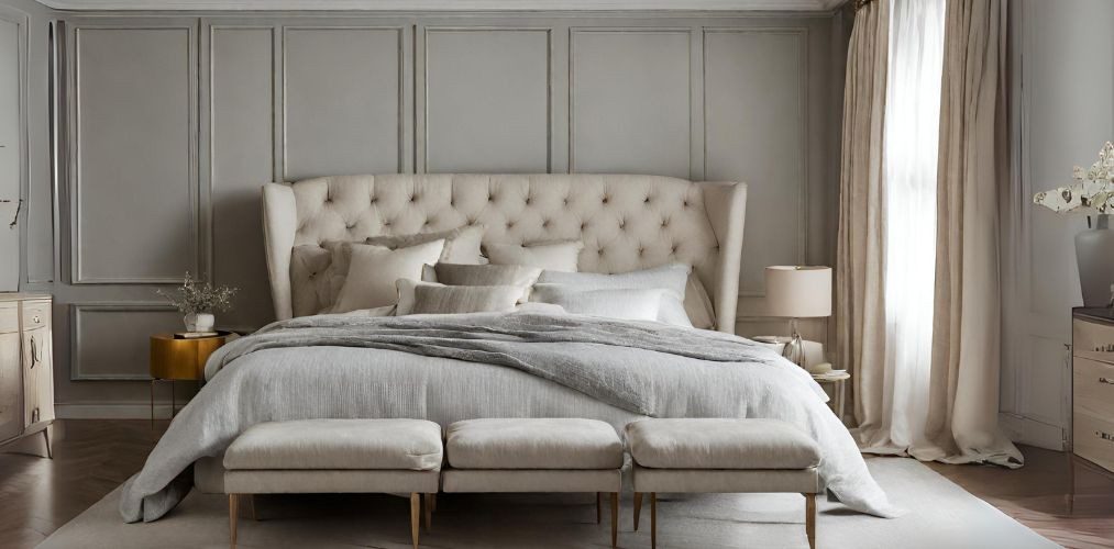 Contemporary bed design with linen upholstered headboard - Beautiful Homes