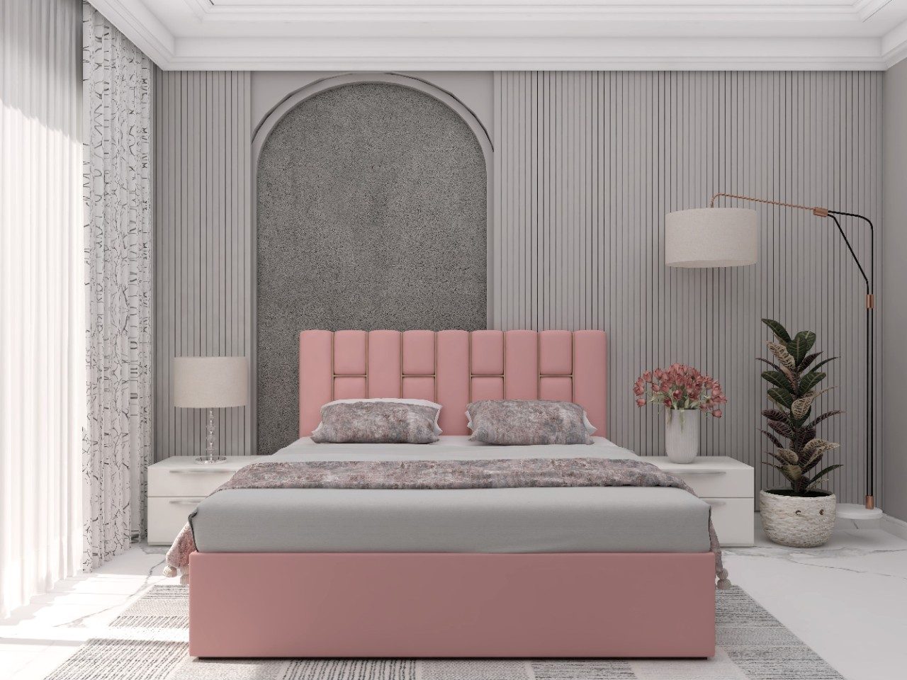 Contemporary Royale bed with baby pink upholstery - Beautiful Homes