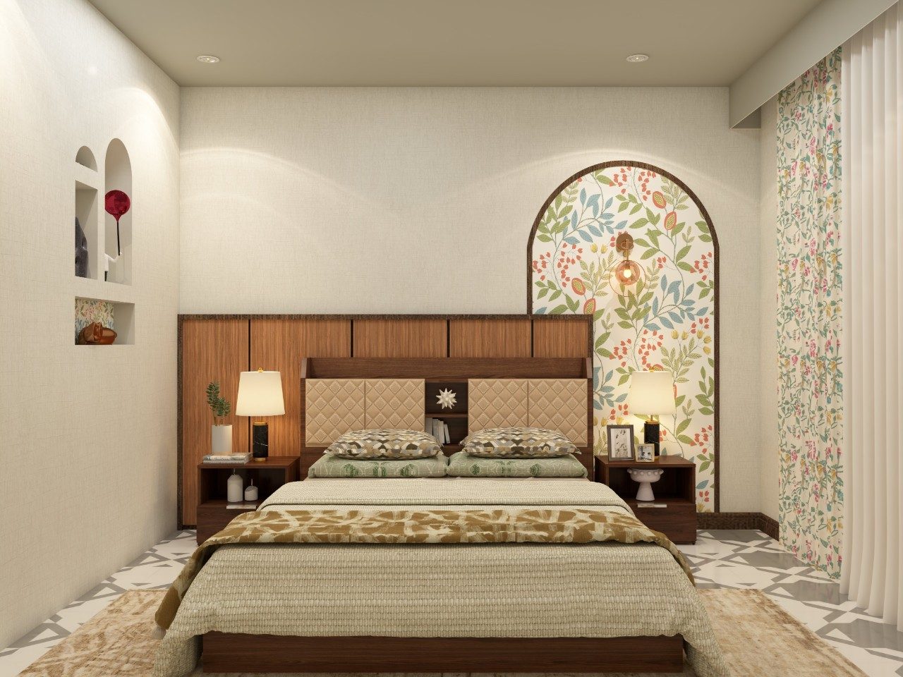 Contemporary Style Bed Design with Royal Furniture and colourful Arched Wallpaper Panel - Beautiful Homes