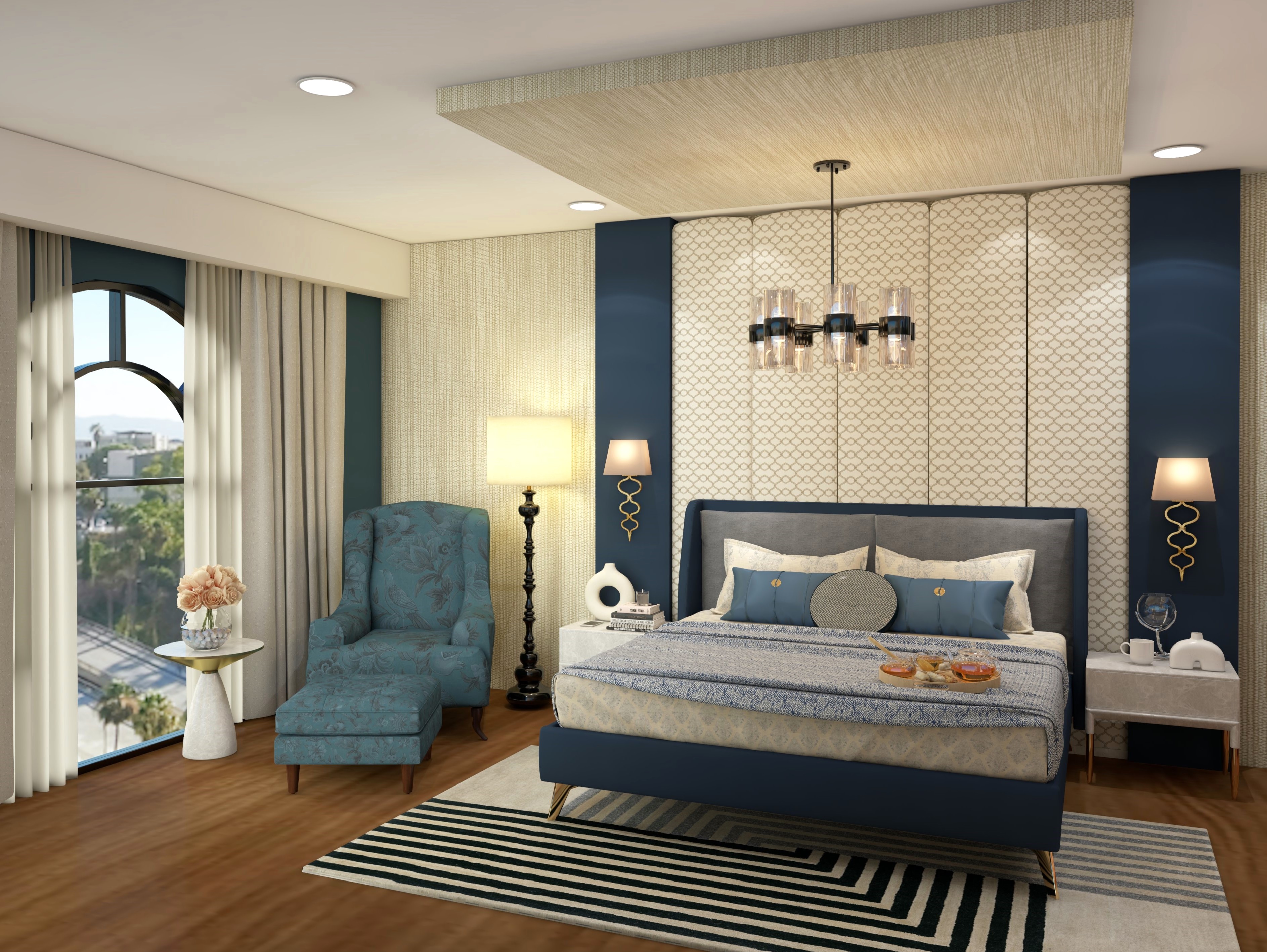 Cream and dark blue bedroom with light blue accent chair-Beautiful Homes