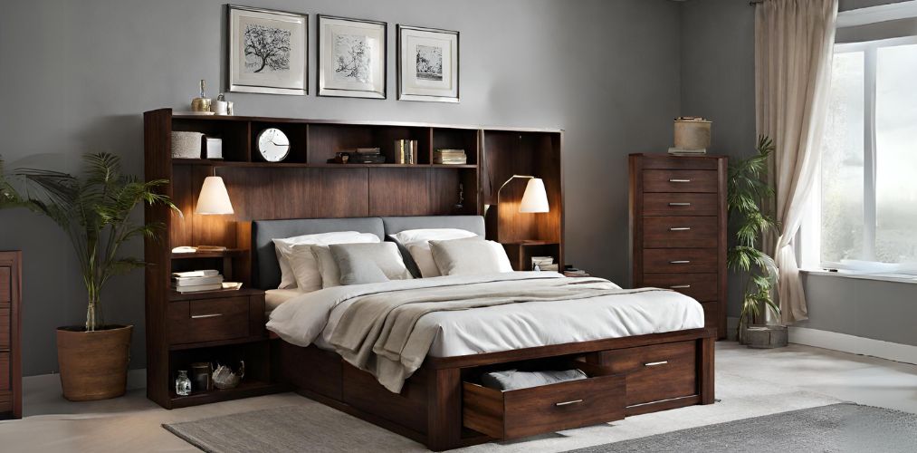 Dark wooden storage bed with in-built shelves - Beautiful Homes