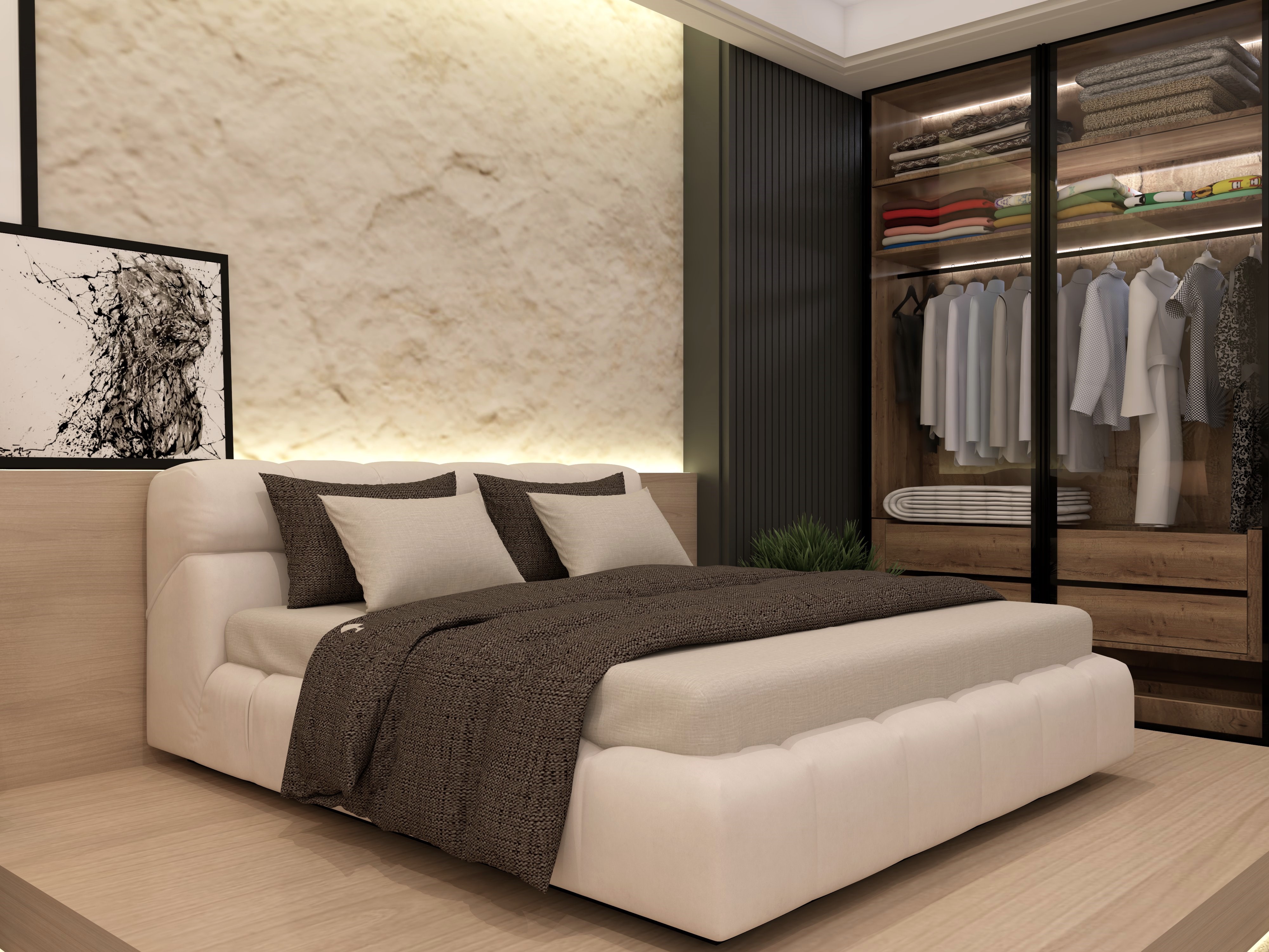 Elegant Nilaya Luxe Bed Design in White Upholstery and Brown Bedding - Beautiful Homes