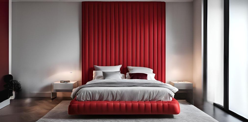 Full wall upholstered bed panel in red - Beautiful Homes