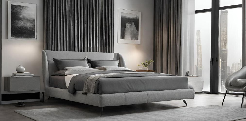 Grey upholstered bed with black metal legs - Beautiful Homes