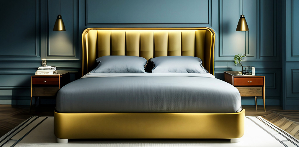 Luxury bed design with golden upholstery-Beautiful Homes