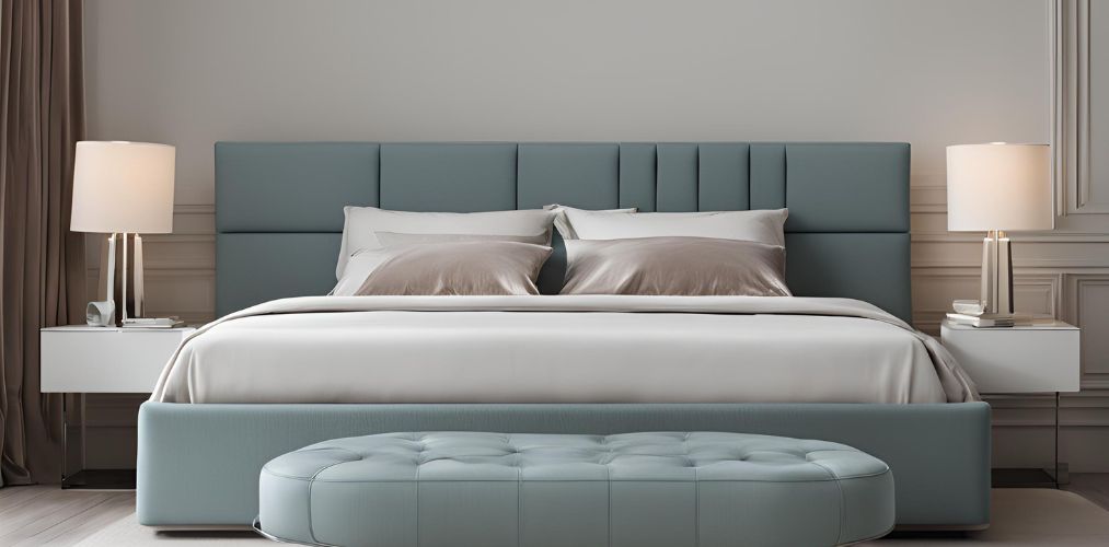 Modern aqua sky upholstered bed with foot bench - Beautiful Homes