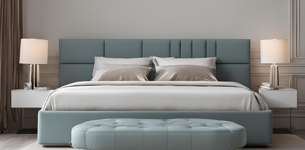 Modern aqua sky upholstered bed with foot bench - Beautiful Homes