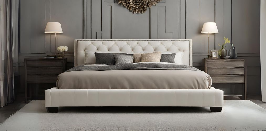 Modern bed design in off-white upholstery and beige bedding-Beautiful Homes