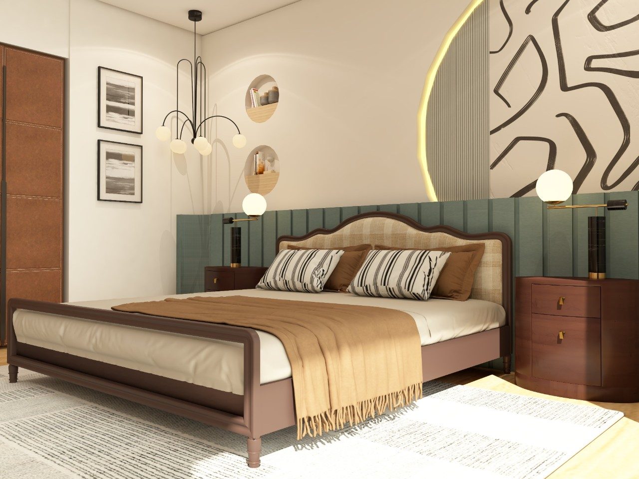 Modern bedroom design with a luxe upholstered solid wood bed - Beautiful Homes