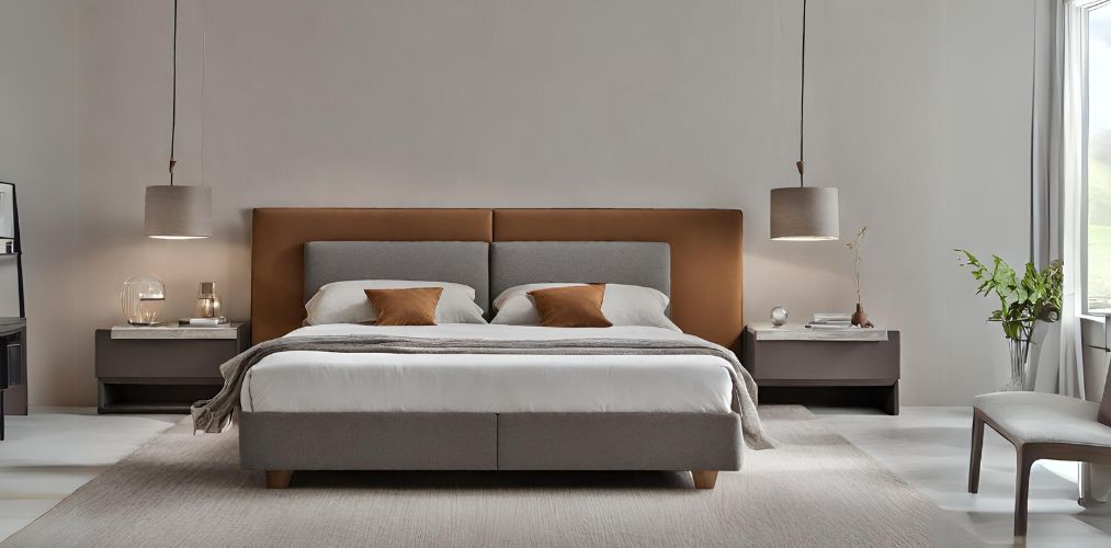Modern double bed design with grey and brown upholstery - Beautiful Homes