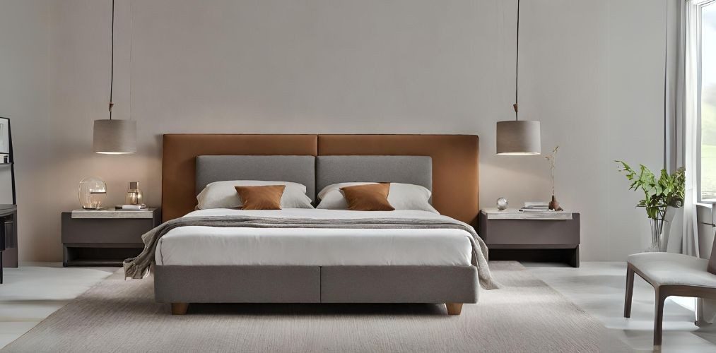 Modern double bed design with grey and brown upholstery - Beautiful Homes