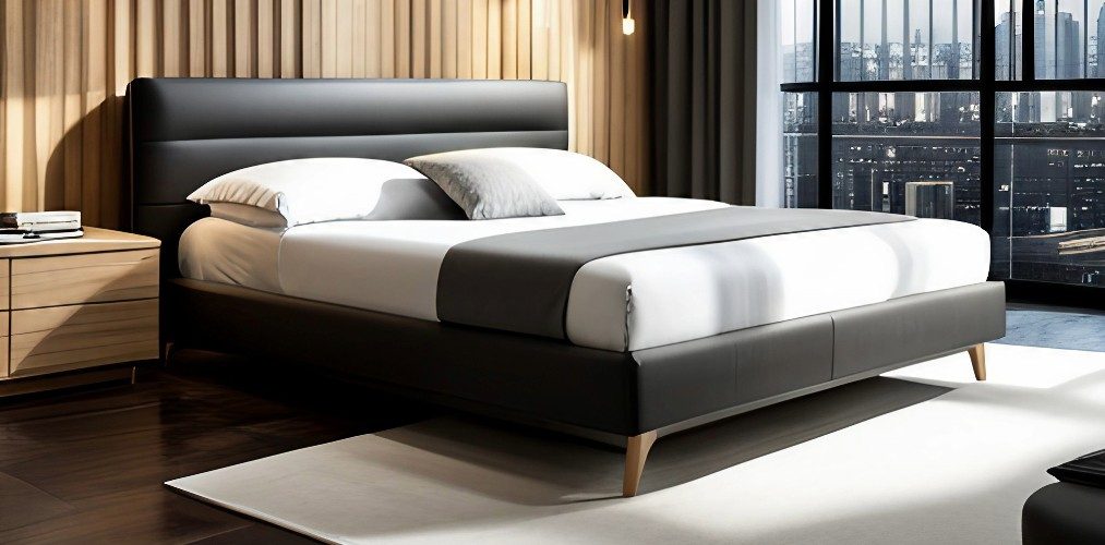 Modern double bed design with wood and black leather-Beautiful Homes