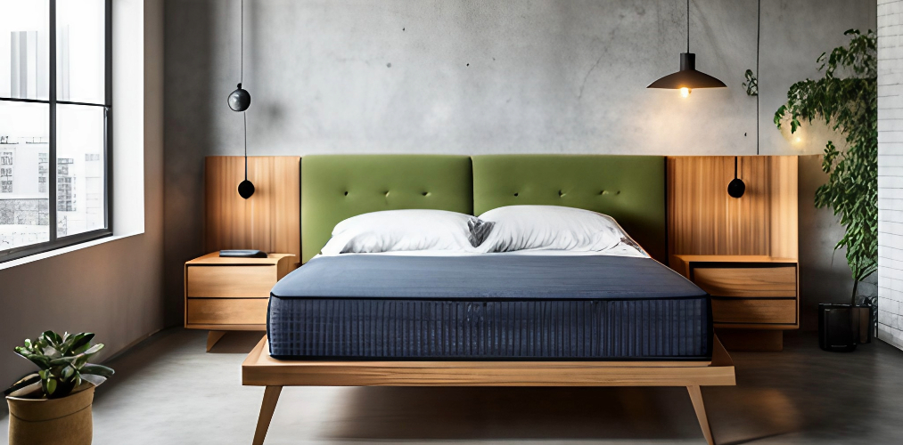 Plywood bed design with green headboard-Beautiful Homes