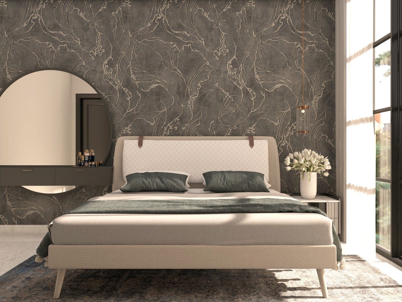 Royale Upholstered Bed in Neutral Palette for Luxury Bedroom - Beautiful Homes