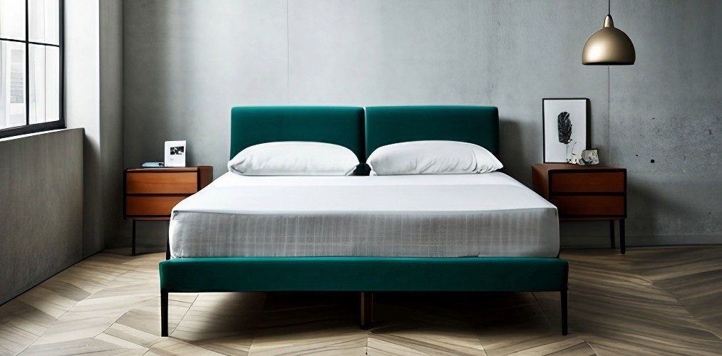 Simple bed design with metal frame and dark green upholstered headboard-Beautiful Homes