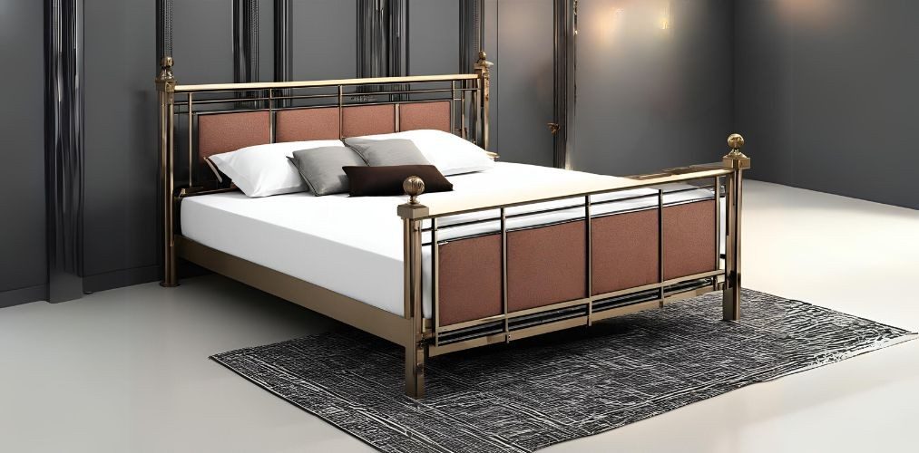 Simple gold metal bed with upholstery on headboard and footboard - Beautiful Homes