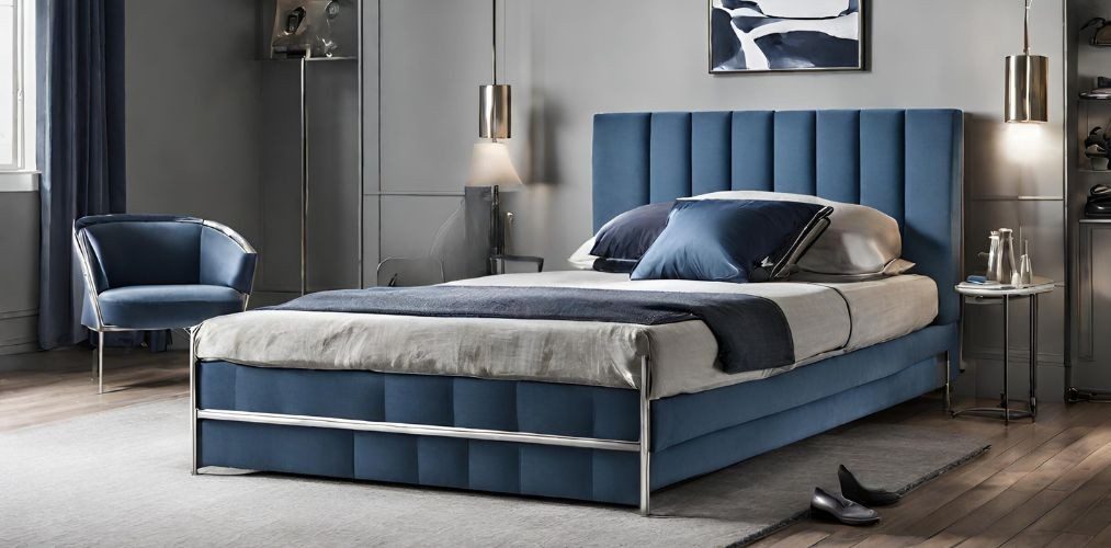 Single bed design with blue upholstery and metal frame - Beautiful Homes