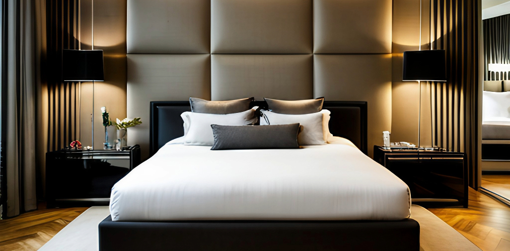 Stylish bed design for a luxury bedroom with black headboard-Beautiful Homes
