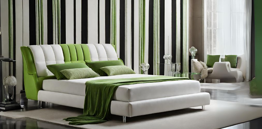 Stylish bed design with green and white upholstery - Beautiful Homes
