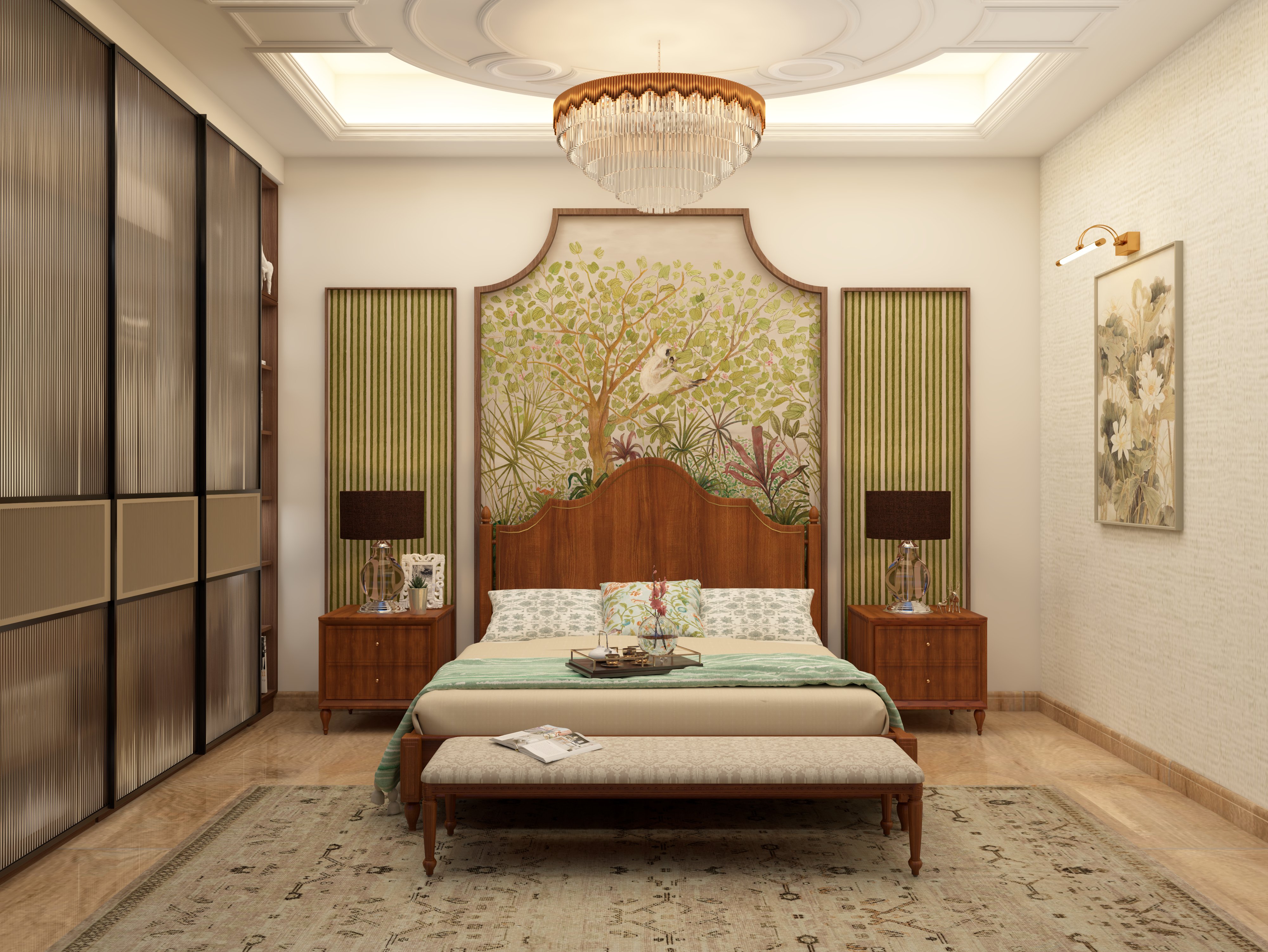 Traditional bed design with wooden headboard and Nilaya furniture - Beautiful Homes