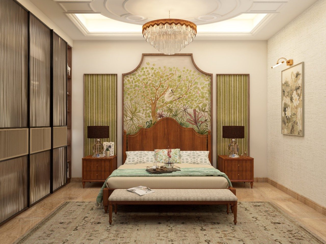 Traditional bed design with wooden headboard and Nilaya furniture - Beautiful Homes