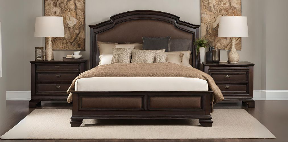 Traditional queen size bed with brown upholstery-Beautiful Homes