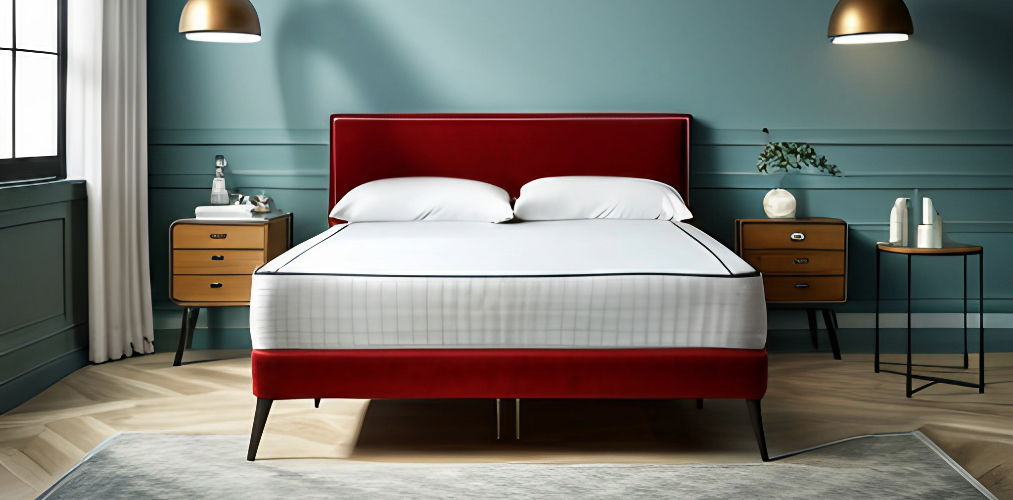 Red upholstered bed design with metal legs-Beautiful Homes