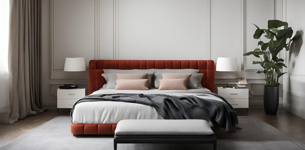 Upholstered bed design with rust headboard - Beautiful Homes