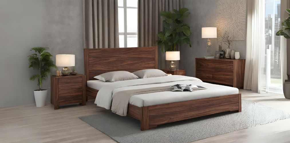 Walnut finish wooden double bed design-Beautiful Homes
