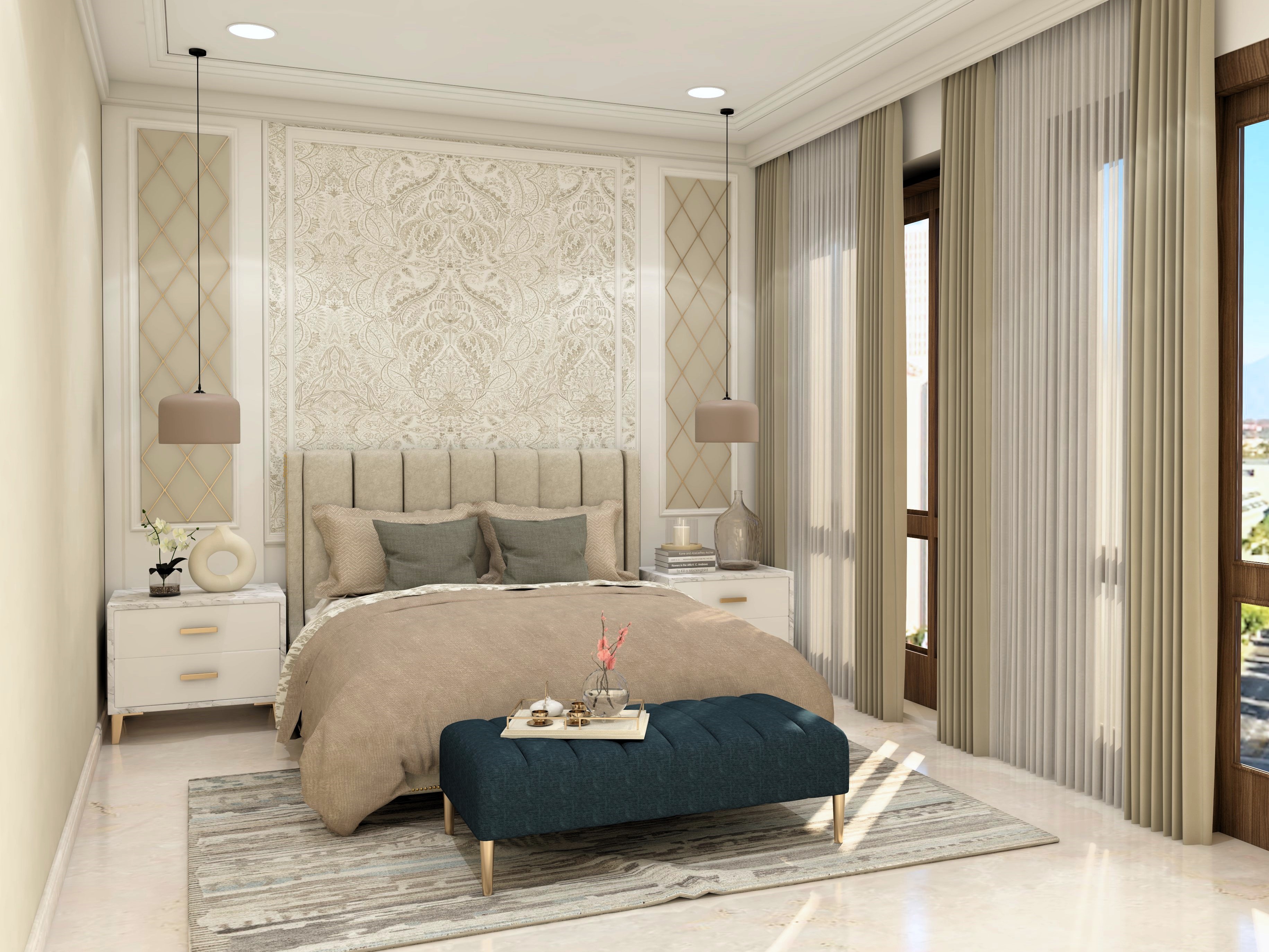 White and beige master bedroom with traditional wallpaper