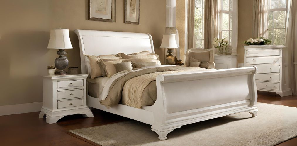White sleigh bed design with cream bedding - Beautiful Homes