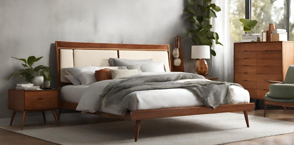 Wood and white mid-century bed design-Beautiful Homes