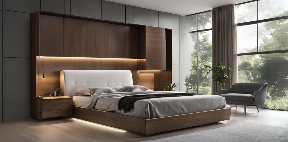 Wooden bed design with white headboard and wooden storage - Beautiful Homes