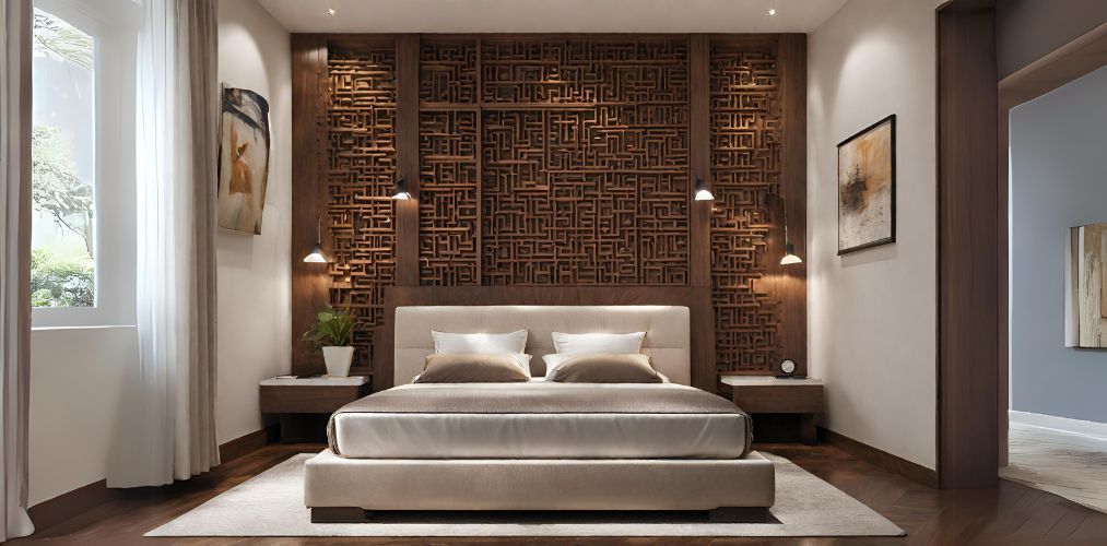 Wooden intricate bed back design with velvet upholstered bed - Beautiful Homes