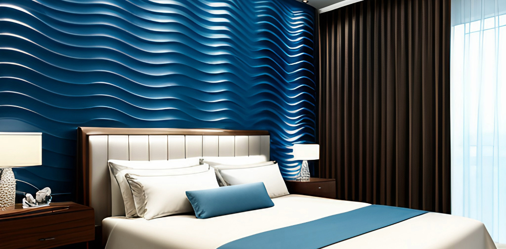 Blue 3D wall tiles with master bed for bedroom-Beautiful Homes
