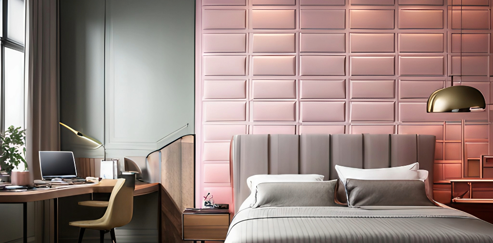 Pink wall tiles for bedroom with grey headboard-Beautiful Homes