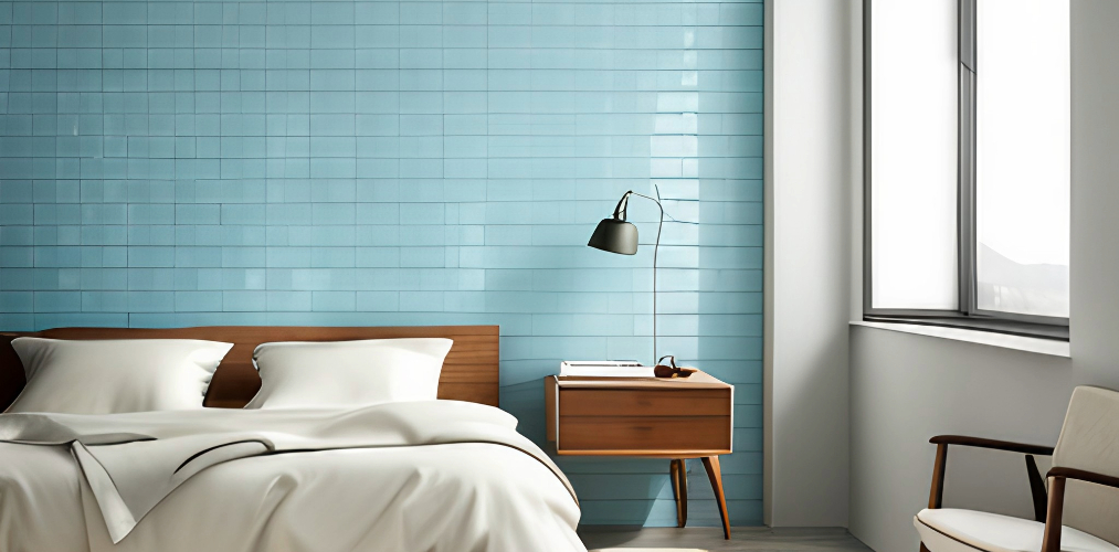 Sky blue wall tiles for bedroom with white paint-Beautiful Homes