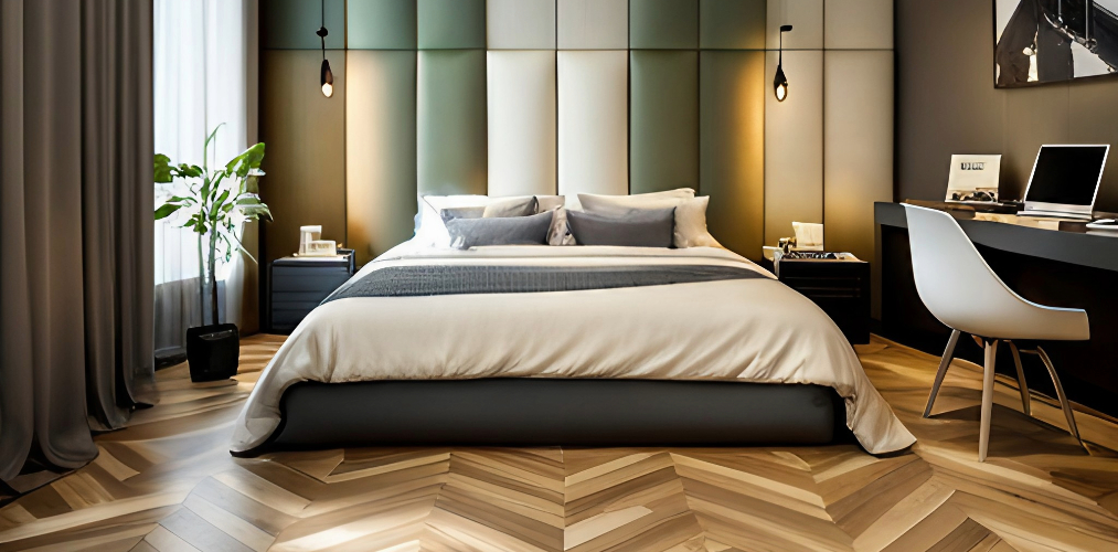 Wooden tiles design for master bedroom in herringbone pattern-Beautiful Homes
