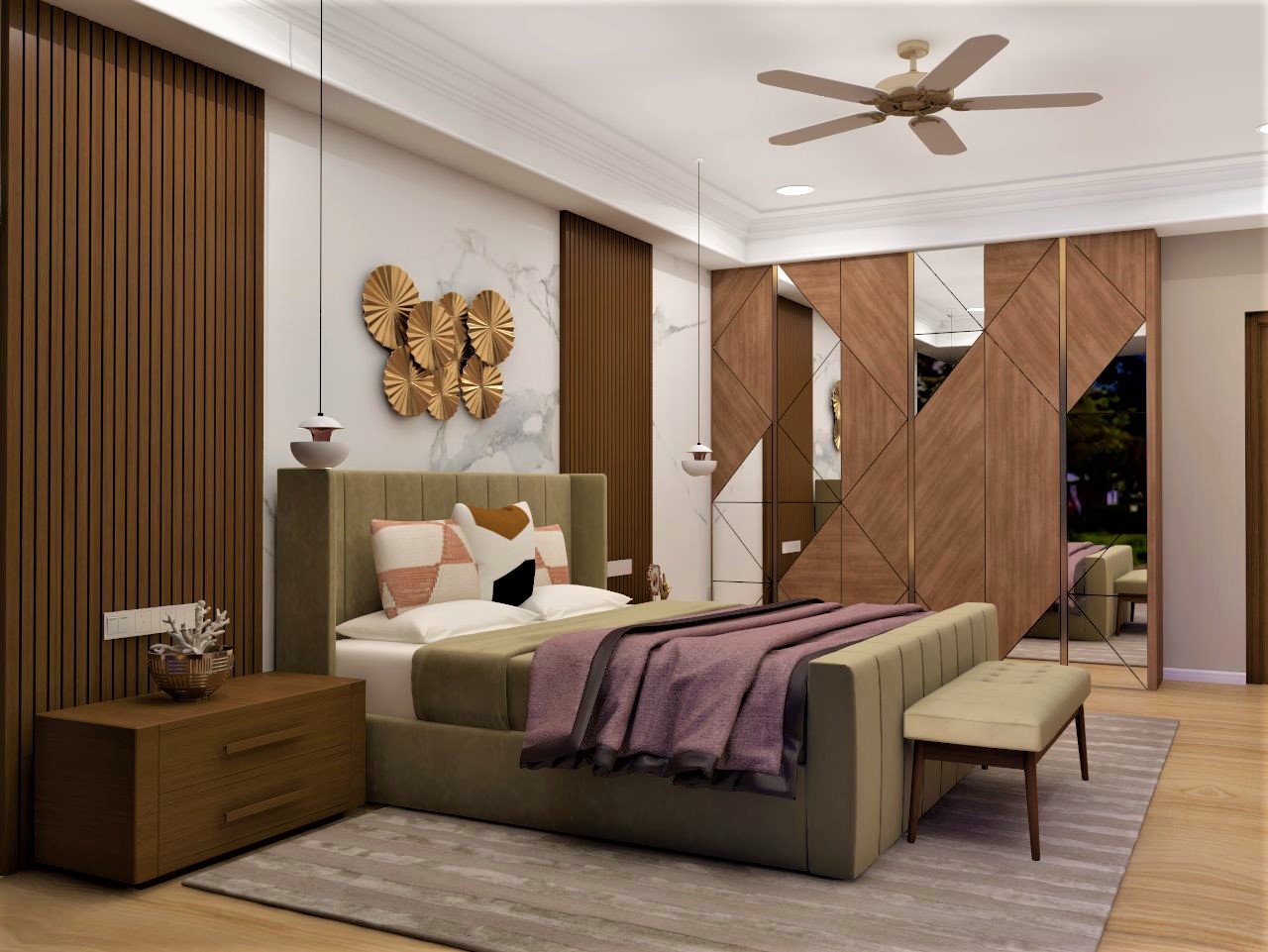 Bedroom design with earthly marble accents and wooden furniture - Beautiful Homes