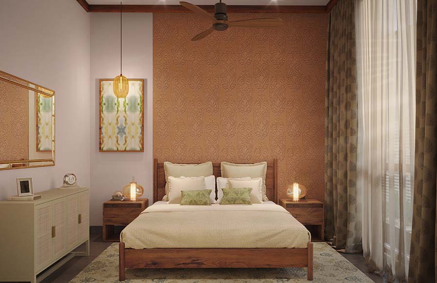 A contemporary bedroom with elegant bedroom décor pieces, soft textures and warm furnishings - Beautiful Homes