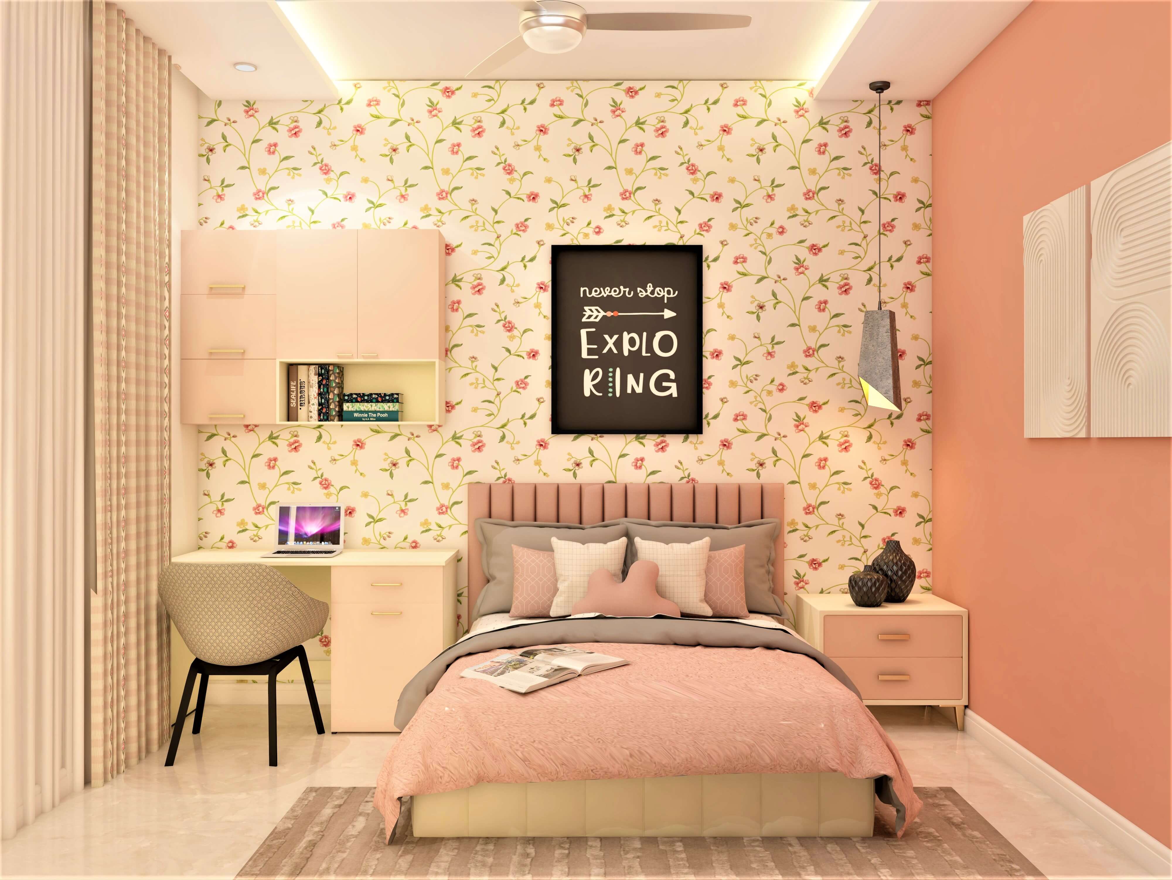 Contemporary kids bedroom design with a floral wallpaper - Beautiful Homes