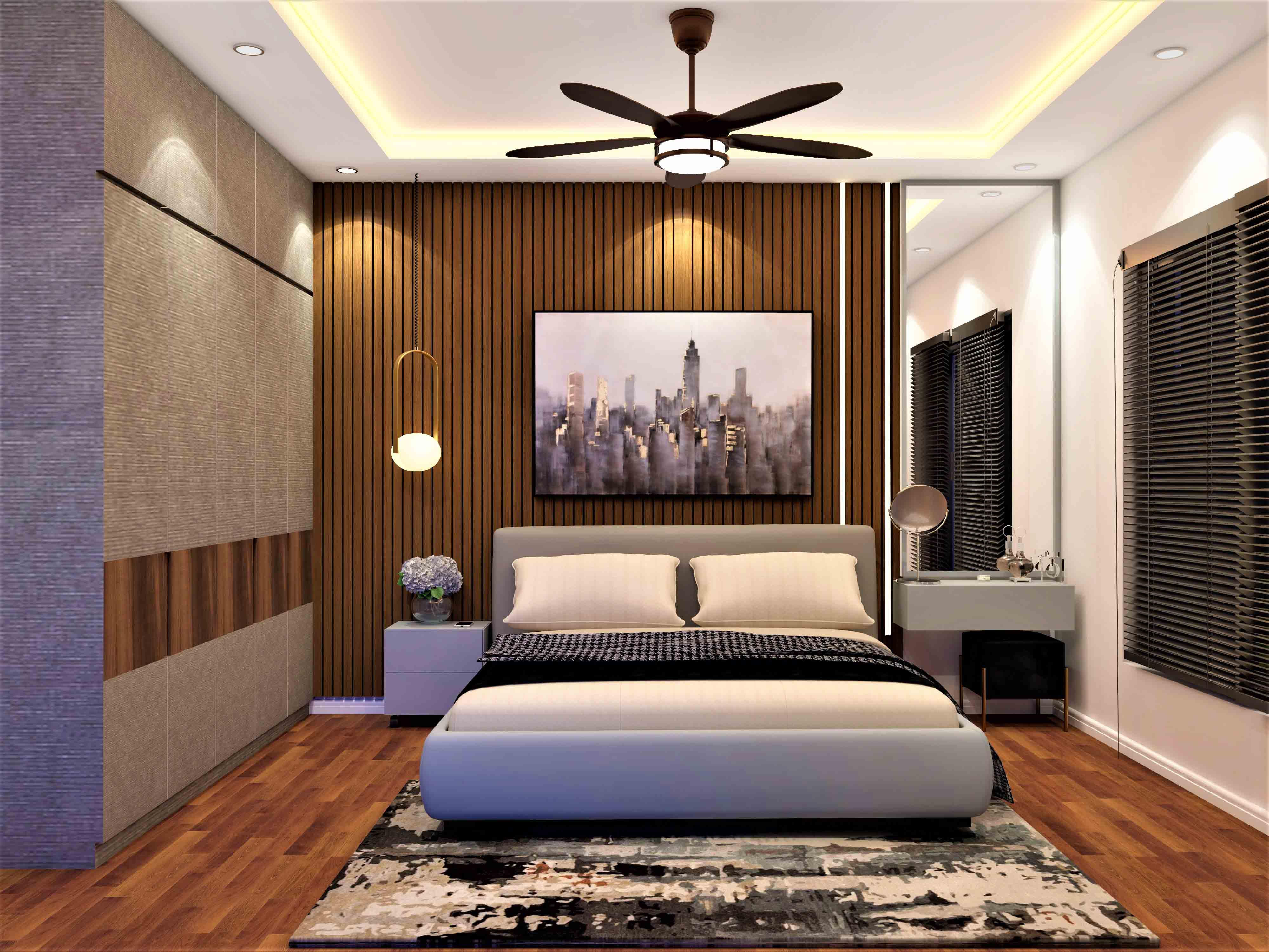 Contemporary style bedroom with warm earthy tones and  signature rustic style wardrobe- Beautiful Homes