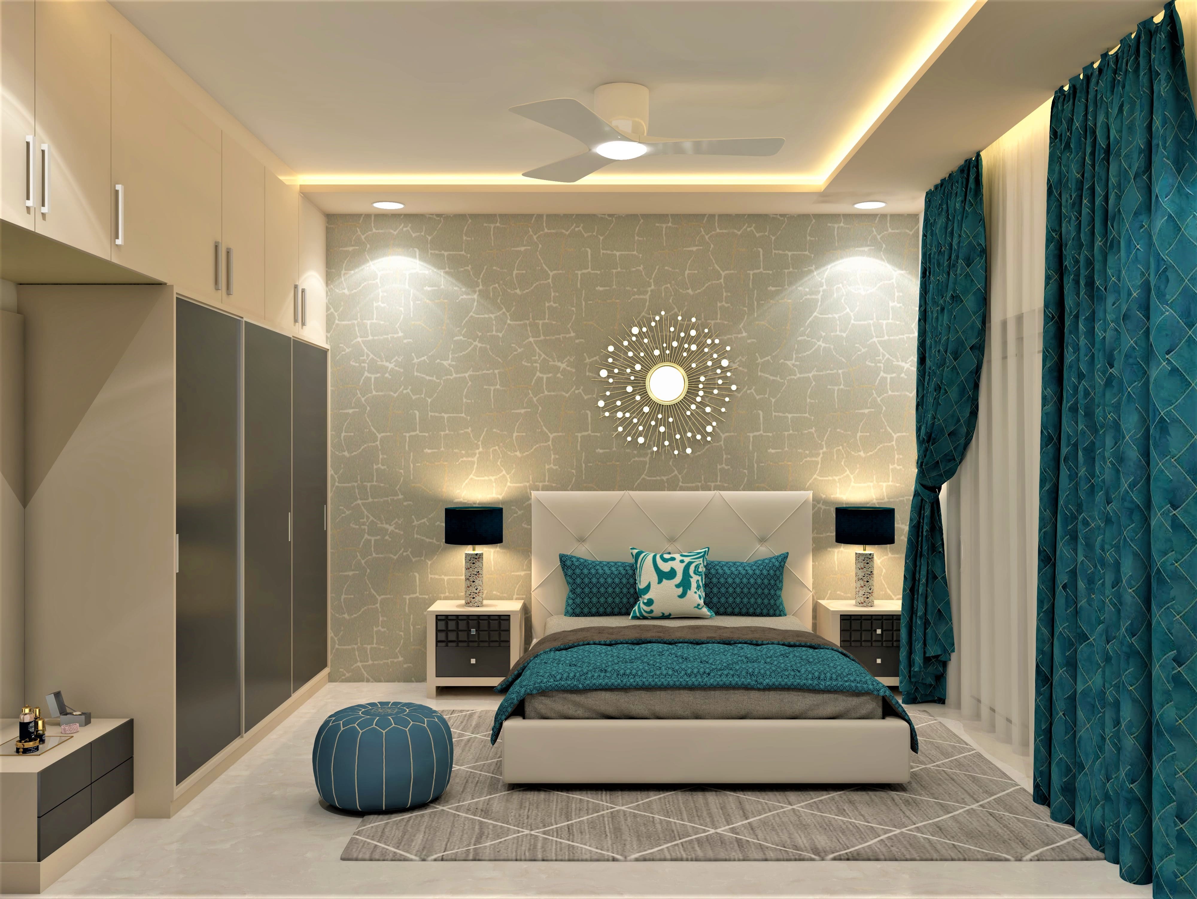 Grey bedroom design with teal furnishings - Beautiful Homes