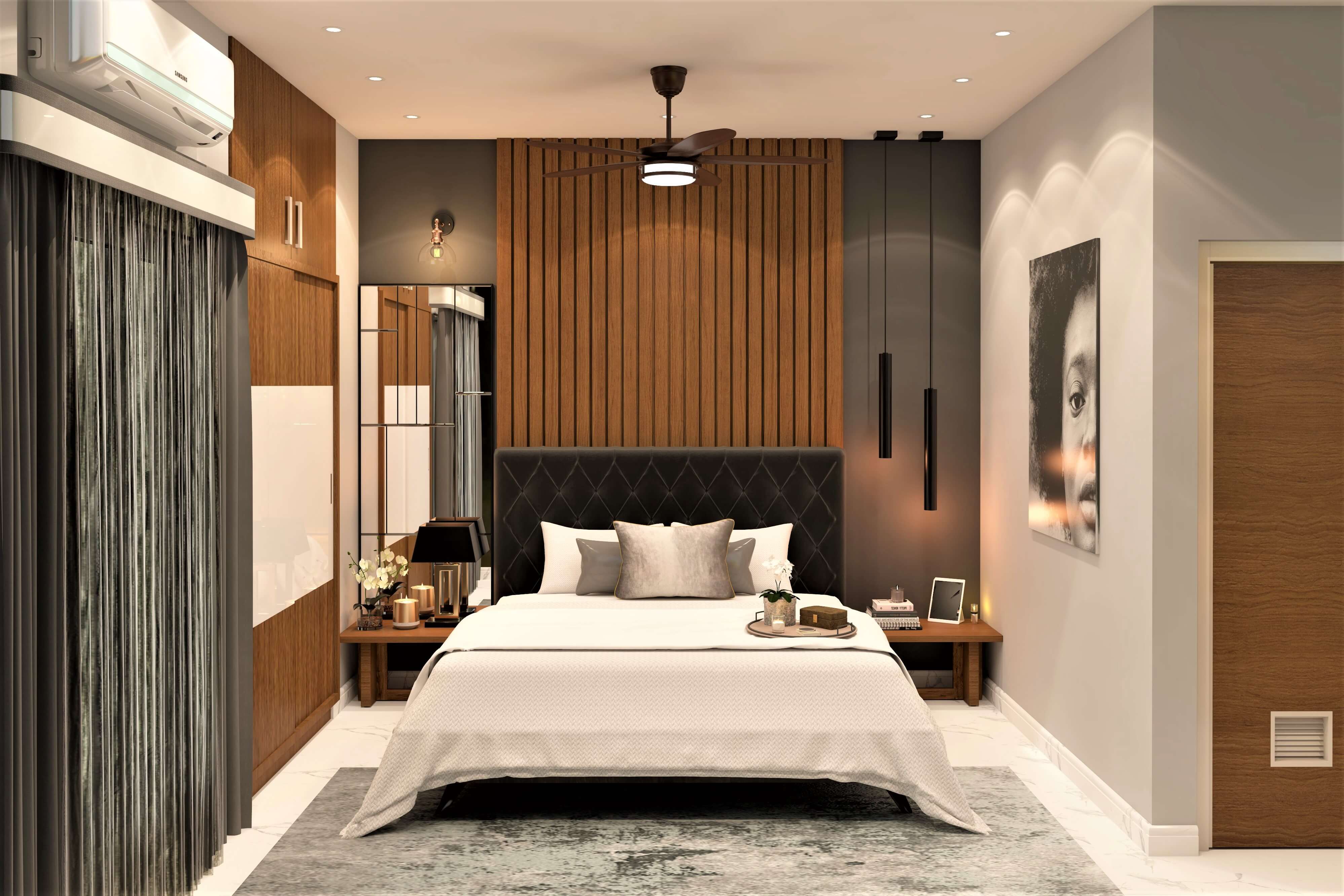 Master bedroom design with grey splash and vertical panels with the deconstructed modern style mirror - Beautiful Homes