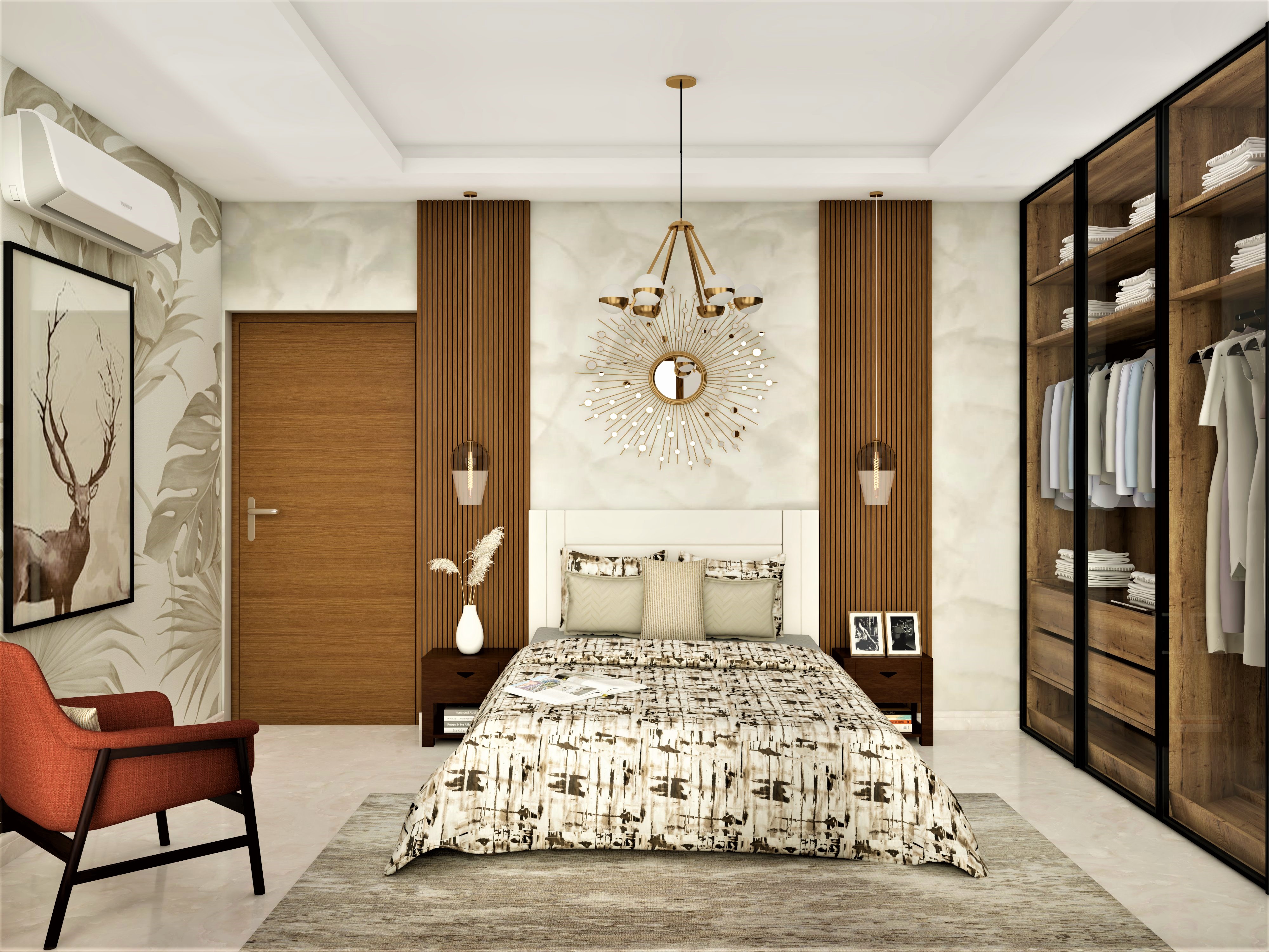 White and brown bedroom with queen bed and lacquered glass sliding wardrobe-Beautiful Homes