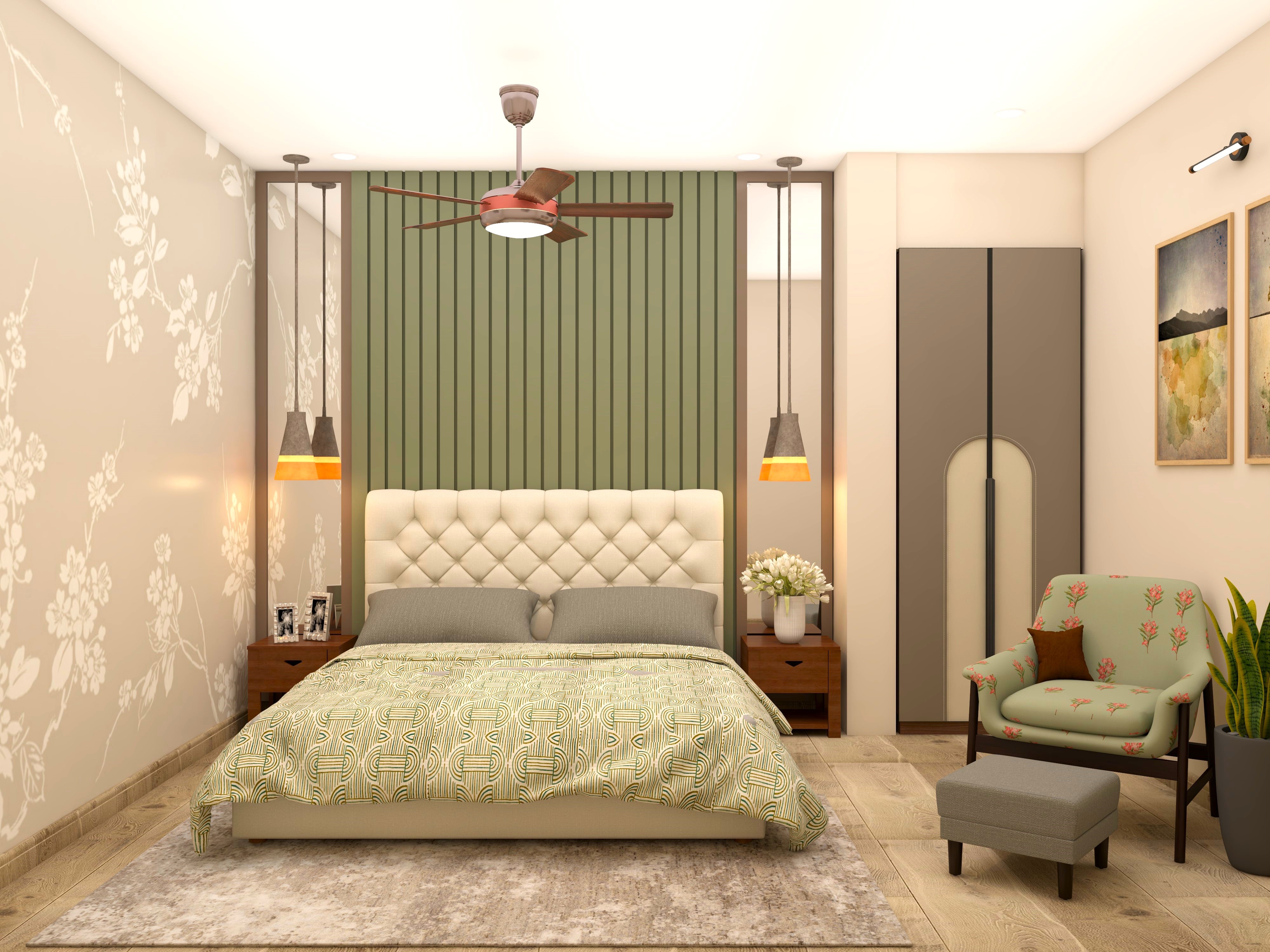 Modern bedroom with queen bed and accent chair-Beautiful Homes