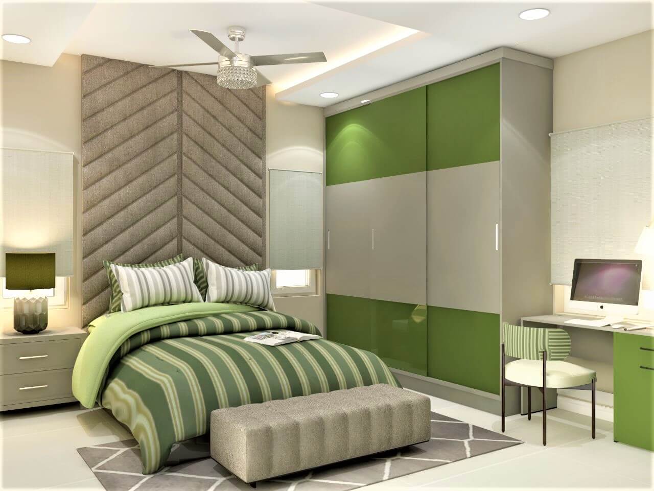 Modern master bedroom with a fabric headboard panel - Beautiful Homes