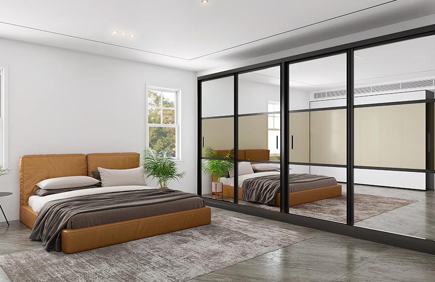 Modern white theme bedroom design with modular mirrored wardrobe 