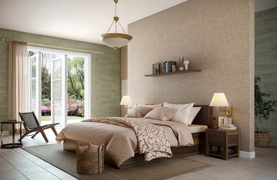 A neutral modern bedroom with a wooden bed and patterned rug - Beautiful Homes